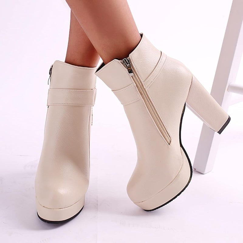 woobles Winter Boot for Women,Women Round Toe Platform Booties Ladies Cute Chunky High Heel Snow Ankle Boot Wedge Zipper Slip On Boot Causal Walking Dress Shoe, White, 9 - Image 4
